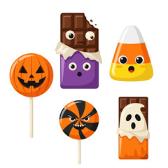 Halloween Candies with Cartoon Faces - Pumpkin Lollipop, Chocolate Bar, Candy Corn, and Ghost Chocolate.
