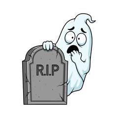 Scared cartoon ghost character hiding behind a gravestone.