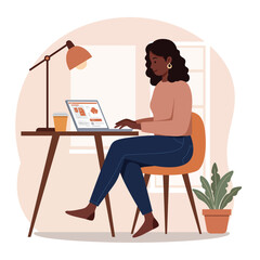 Woman working remotely typing on laptop at desk with lamp and plant illustration