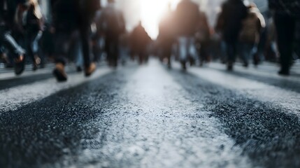 Obraz premium Low angle view of a blurred crowd crossing a wet street at a pedestrian crossing under bright daylight