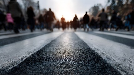 Fototapeta premium A blurred diverse crowd of pedestrians traverses a busy urban street via a stark zebra crossing under the soft glow of daylight