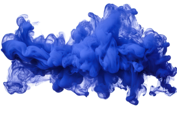 Blue ink fluid element floating in a transparent background, creating a mesmerizing swirl and cloud of color that evokes creativity and artistic expression