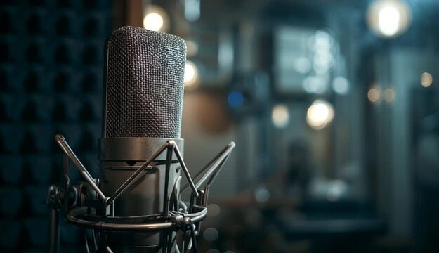 Isolated vocal booth captured midframe with a condenser microphone clear and precise while softly diffused soundproof walls create a gentle blur backdrop.