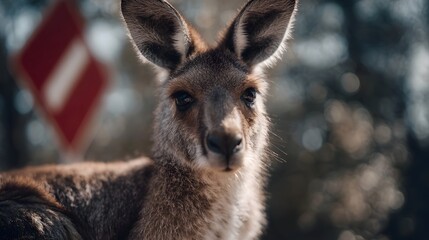Obraz premium Close up portrait of a kangaroo in natural daylight with a blurred red warning sign in the background highlighting its features