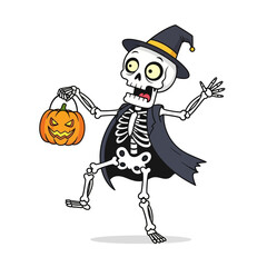 Skeleton in witch hat holding pumpkin celebrating Halloween night.