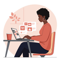 Creative black woman working on laptop in modern office with digital mood board and coffee illustration