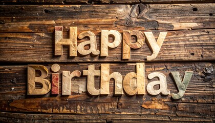 Happy birthday greeting on rustic wooden background with textured surface