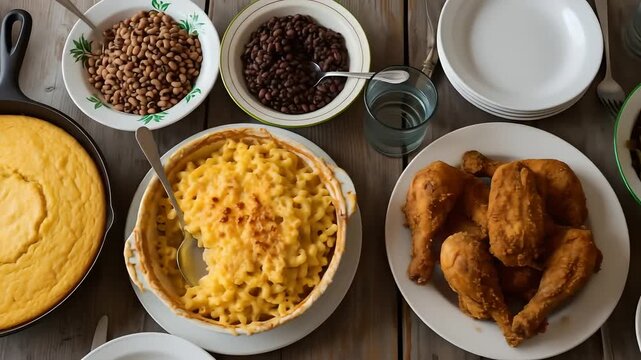 Southern comfort food feast! Cornbread, collard greens, fried chicken, mac and cheese, black eyed peas, and black beans for Thanksgiving, Juneteenth, family meals, and catering.