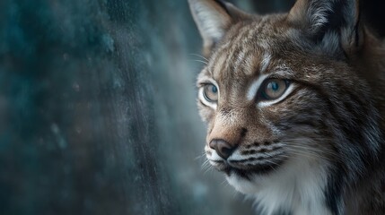 Obraz premium Close up portrait of a lynx with striking blue eyes and detailed fur against a dark moody background