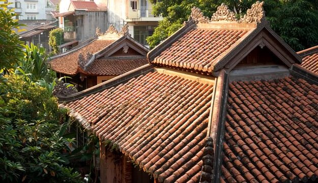 Traditional tiled roof pattern in Hanoi, Vietnam: rustic architecture and cultural heritage
