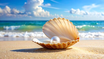 A Beautiful Pearl Nestled Inside a Seashell on a Sandy Beach