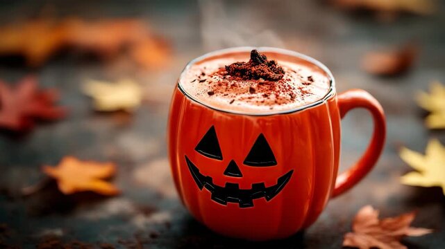 Cozy Halloween drink in festive mug

