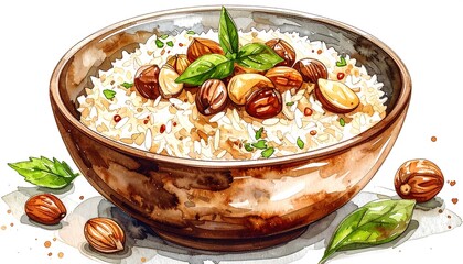 Watercolor bowl of rice with nuts and herbs