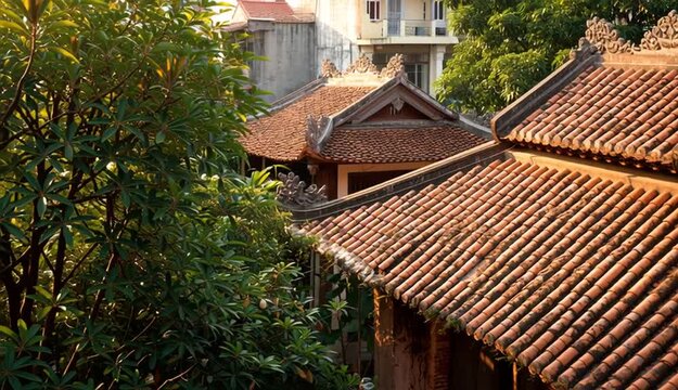 Traditional tiled roof pattern in Hanoi, Vietnam: rustic architecture and cultural heritage
