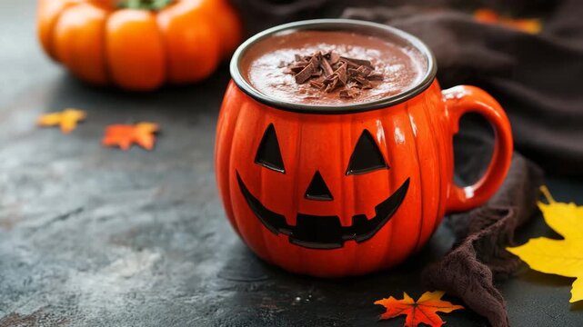 Cozy Halloween drink in festive mug

