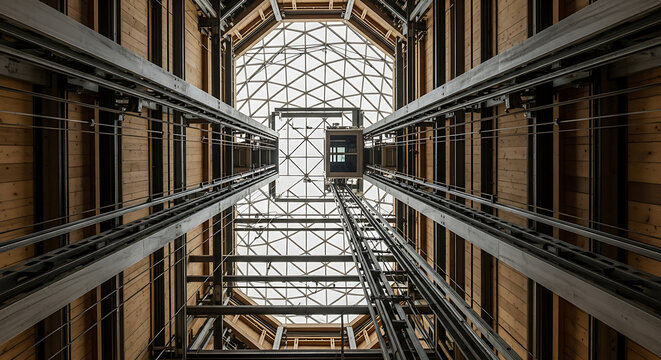 Looking up inside an elevator shaft with cables and geometric ceiling