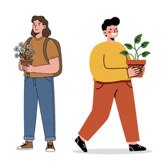 Cheerful friends with potted plants bring happiness and fresh air to any space, perfect for eco-conscious designs and promoting sustainable living