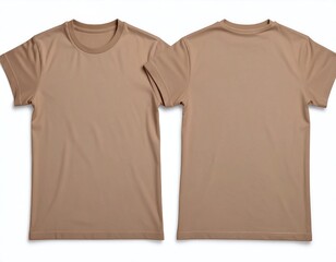 Front and back view of a light brown t-shirt.  Blank, neutral-toned garment.  Short sleeves, crew neck