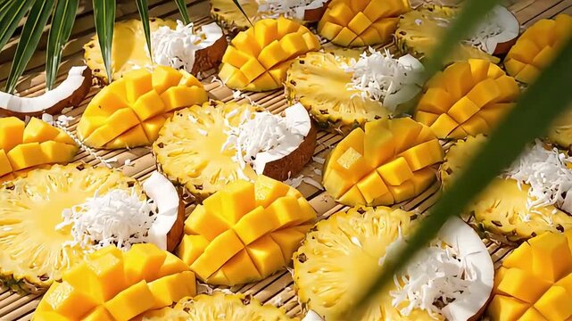 exotic tropical fruit platter showcasing fresh sliced pineapples diced mangoes and shredded coconut on a bamboo mat evoking a vibrant summer vibe.