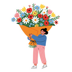 Cheerful woman with huge vibrant floral bouquet, perfect for birthdays, anniversaries, or expressing love and appreciation in a fun, modern style
