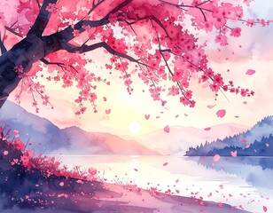 Watercolor cherry blossom landscape at sunrise