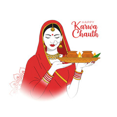 Elegant Indian woman celebrates Karwa Chauth with traditional puja thali, offering blessings and vibrant cultural beauty for festive designs and greeting cards