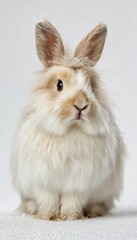 Angora Rabbit on White Background with Artificial Snow for Catalog Photography