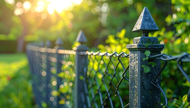 Dark metal chain-link fence, sunlit, garden backdrop