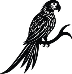 Unique Macaw Silhouette Vector Icon, Perched Parrot Symbol with Long Sweeping Tail for Tropical Logos and Pet Store Website Design.

