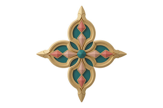 Ornate, quatrefoil architectural molding featuring teal, pink, and gold colors.