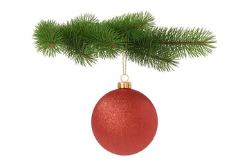 Red sparkly ornament hangs from a green pine branch, symbolizing winter holidays.