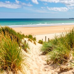 Coastal path through dunes to a sandy beach. Turquoise ocean