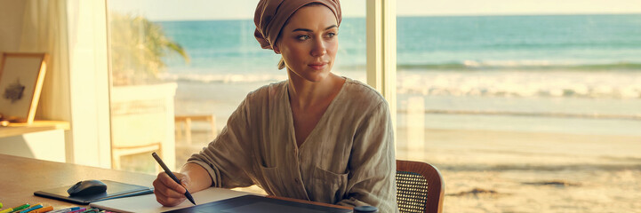 Woman Writing by the Beach House