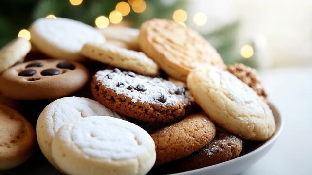 Sweet Bites: A close-up of a plate of tempting cookies, dusted with powdered sugar and chocolate chips, presents an irresistible assortment of freshly baked treats. Perfect for a delicious snack!