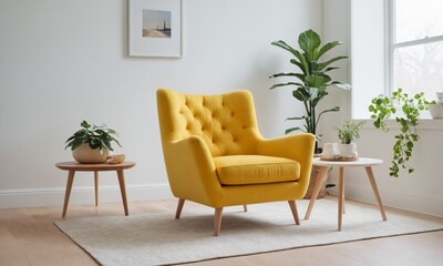 Fototapeta premium Brighten your space with this vibrant yellow armchair, a stylish addition to any modern living room or cozy reading nook with natural light and plants