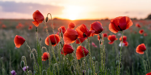 Fototapeta premium Vibrant red poppies bloom in a field against a soft sunset sky.