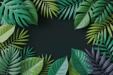 Lush green tropical leaves frame a dark center, suggesting a vibrant jungle border.