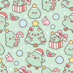 Kawaii Christmas Tree Seamless Pattern - Cute Cartoon Playful Vector Holiday Background