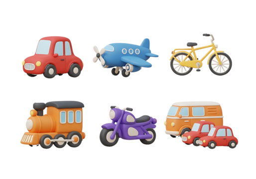 Collection of colorful cartoon vehicles and transportation isolated on a transparent background