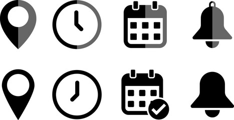 Collection of common icons for location time calendar and notifications