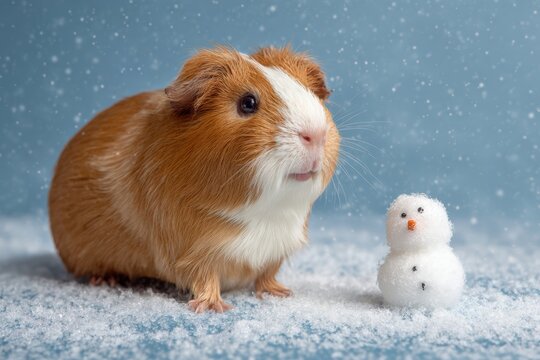 Guinea Pig with Tiny Snowman on Artificial Snow in Studio Setting