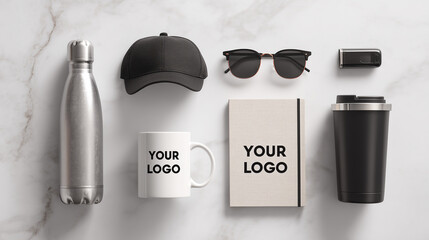 A sleek and modern flat lay of a corporate gift set, perfectly arranged on a white marble background. This top-down view showcases a variety of premium promotional products