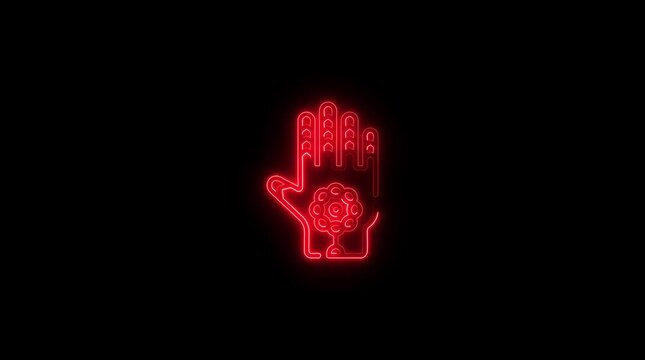 Red Neon Hand Symbol with Flower Icon Glowing on Black Background Abstract Digital Art Animation video