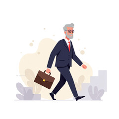 Confident senior businessman climbs steps to success with briefcase, showcasing ambition and professional growth in a modern leadership role