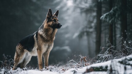Naklejka premium Alert German Shepherd in Snowy Forest with Visible Breath, Cinematic Style