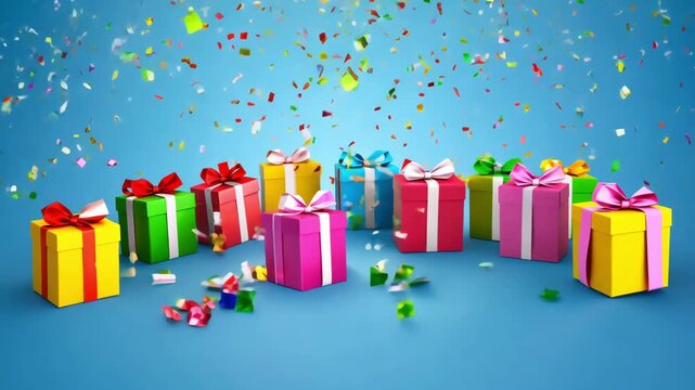 From a blue background, colorful gift boxes slide in from edges arrange themselves words Happy New Year. boxes explode confetti Christmas tree boxes. Playful polished, perfect banner use