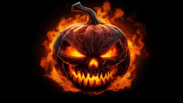 Scary flaming jack-o&rsquo;-lantern on dark background

