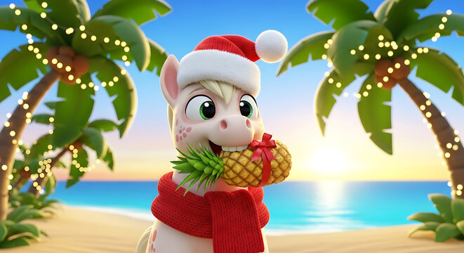 Holiday season at beach showing pony with wrapped pineapple gift in mouth. Christmas pony standing on sand in warm holiday season, with palm trees adorned with lights, scarf, and Santa hat.