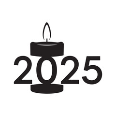 Minimalist Black 2025 New Year Design with Burning Candle Icon