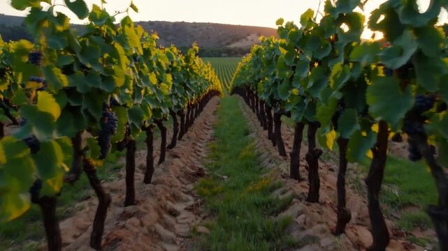 A walk through the beautiful Spanish vineyard in the evening with grape plants full of grape bunches, wine making 